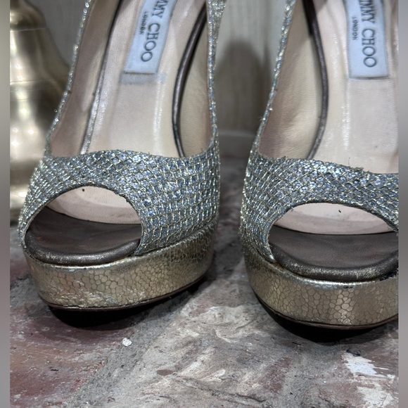 Jimmy Choo Glitter Platform Heels Size 38 EU /8 US Gold Silver Sparkle Stilettos - Picture 2 of 16